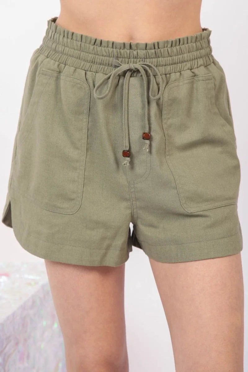 Olive linen shorts with drawstring waist