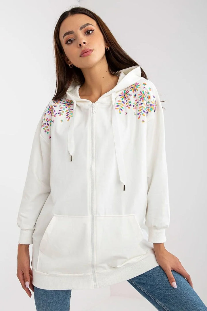 Beige zippered hooded sweatshirt with embroidery