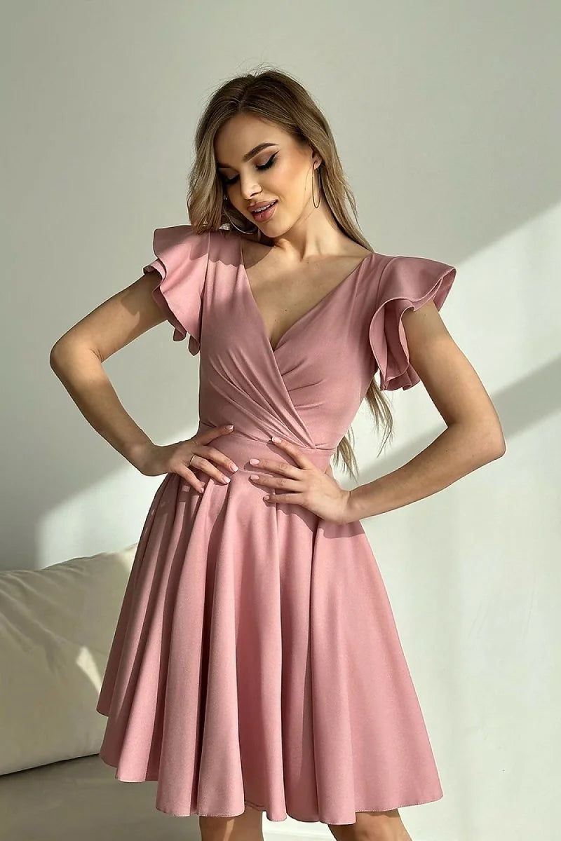 Pink cocktail dress with ruffled sleeves