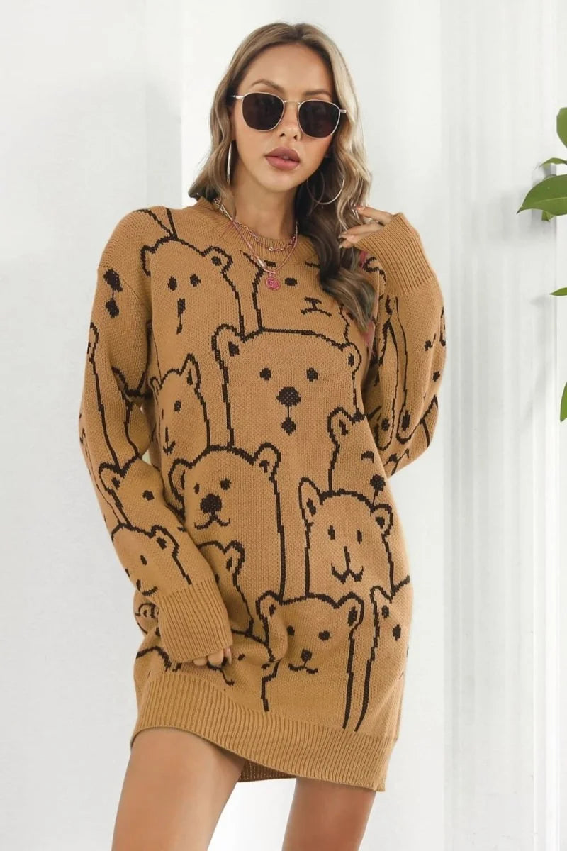 Yellow-Green bear pattern round neck mini sweater dress