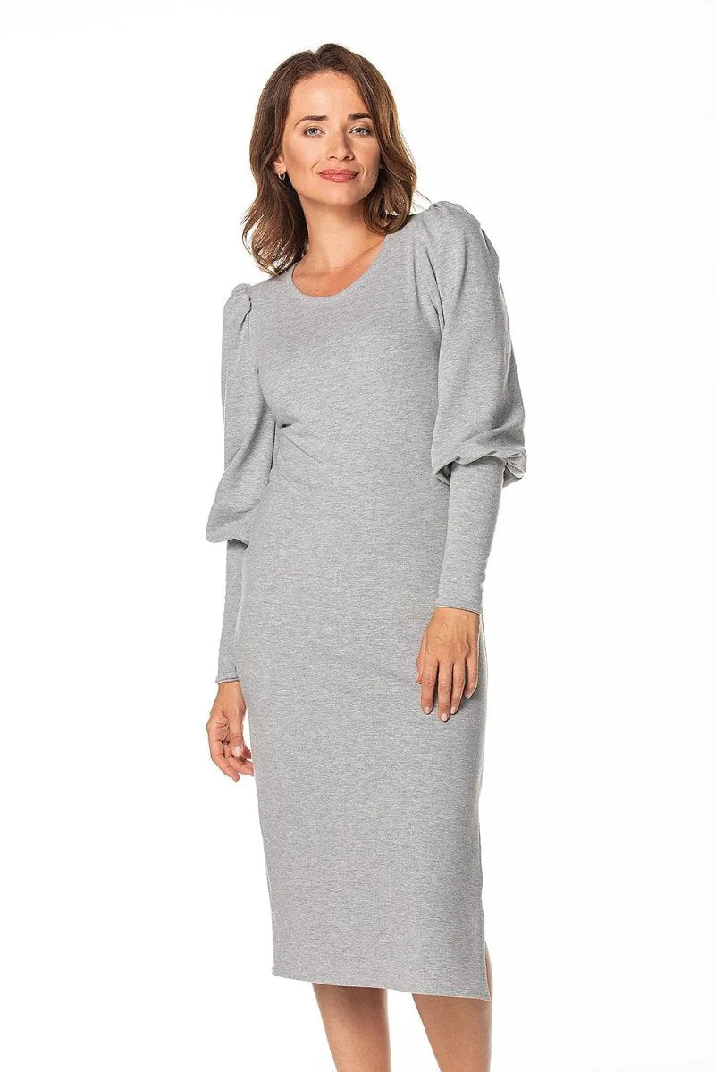 Grey knitted midi dress with boat neckline