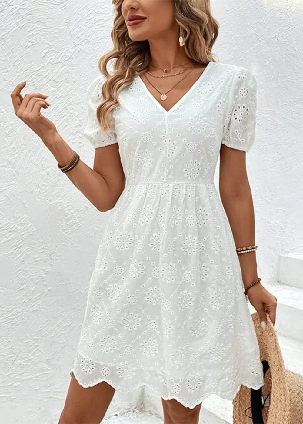 Women's white V-neck puff sleeve dress