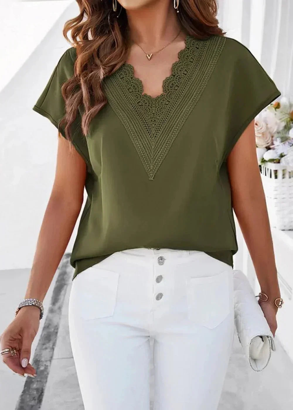 Olive green V-neck short sleeve casual shirt