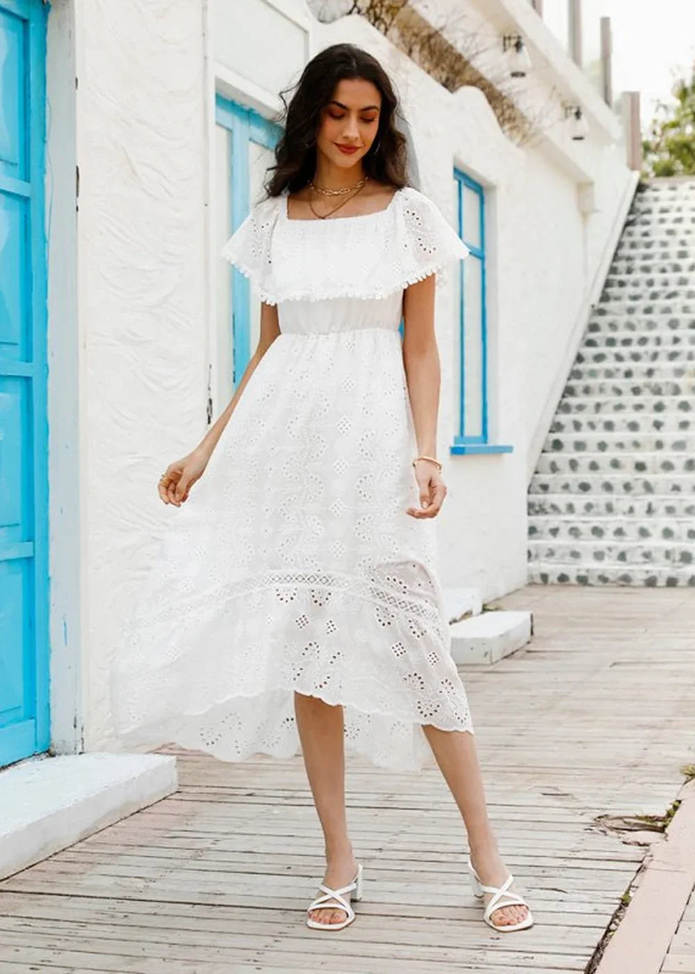 White off shoulder lace trim maxi dress