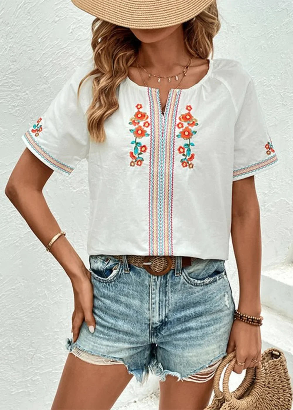 White embroidered V-neck casual shirt