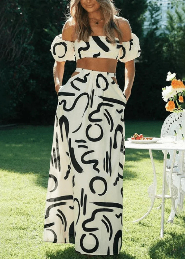 White puff sleeve split skirt suit