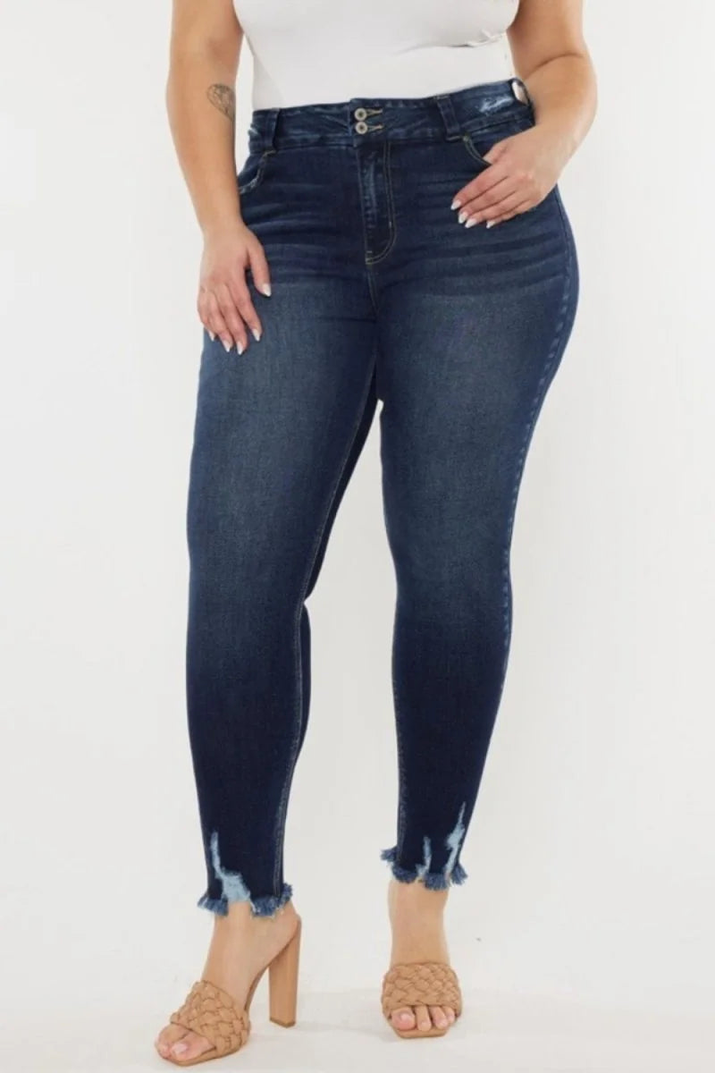 Dark wash high-waist raw hem jeans