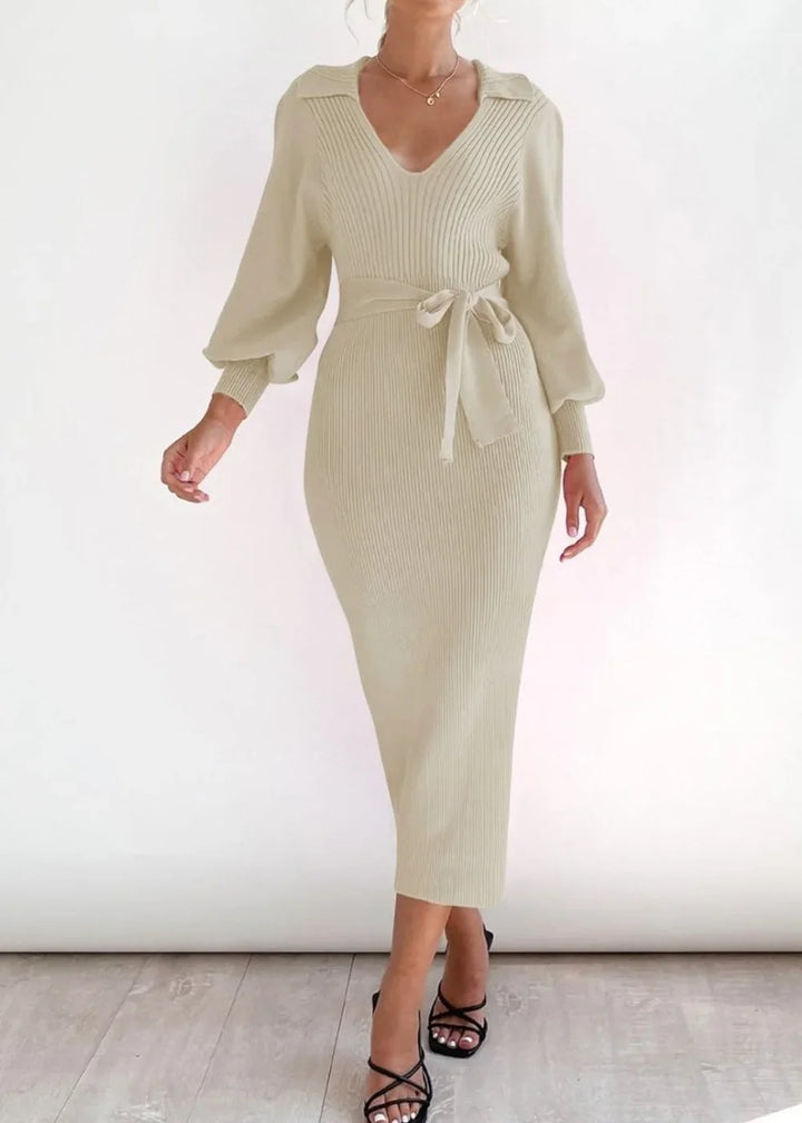 Cream long-sleeved wrap sweater dress with a tie detail