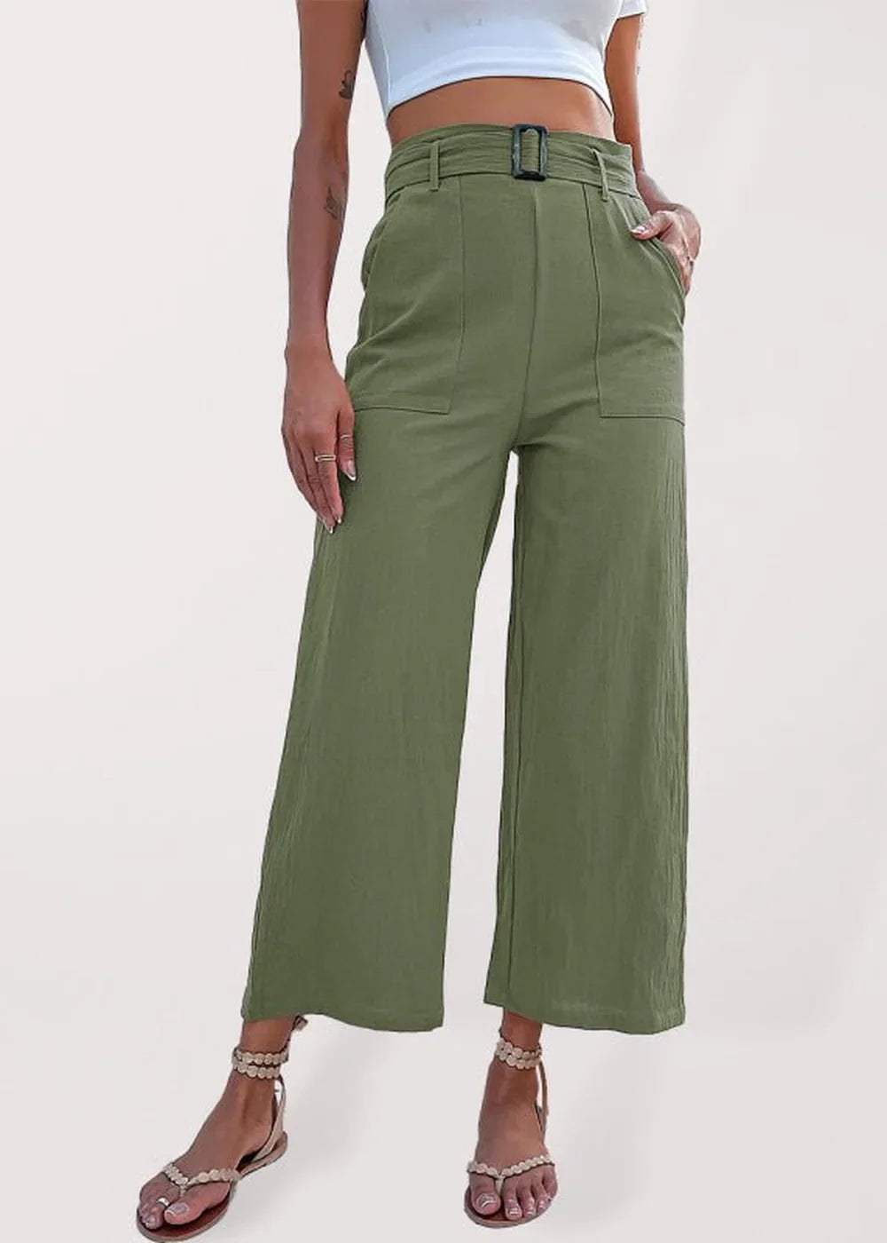 Green women's cotton cropped wide-leg pants