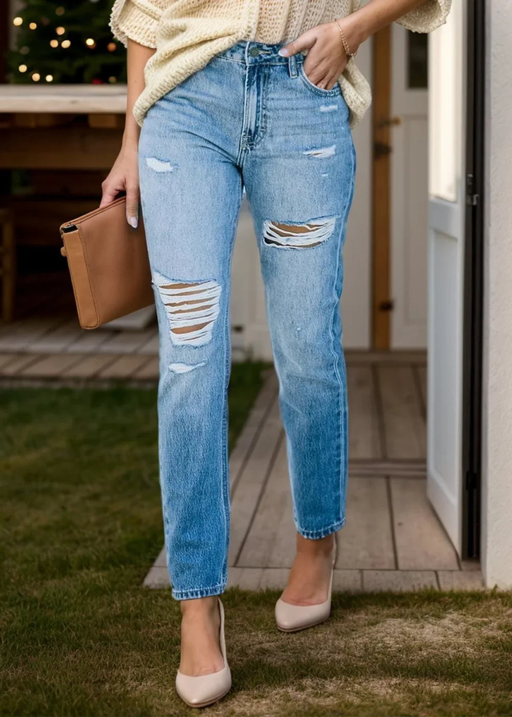 Light blue distressed button jeans with pockets