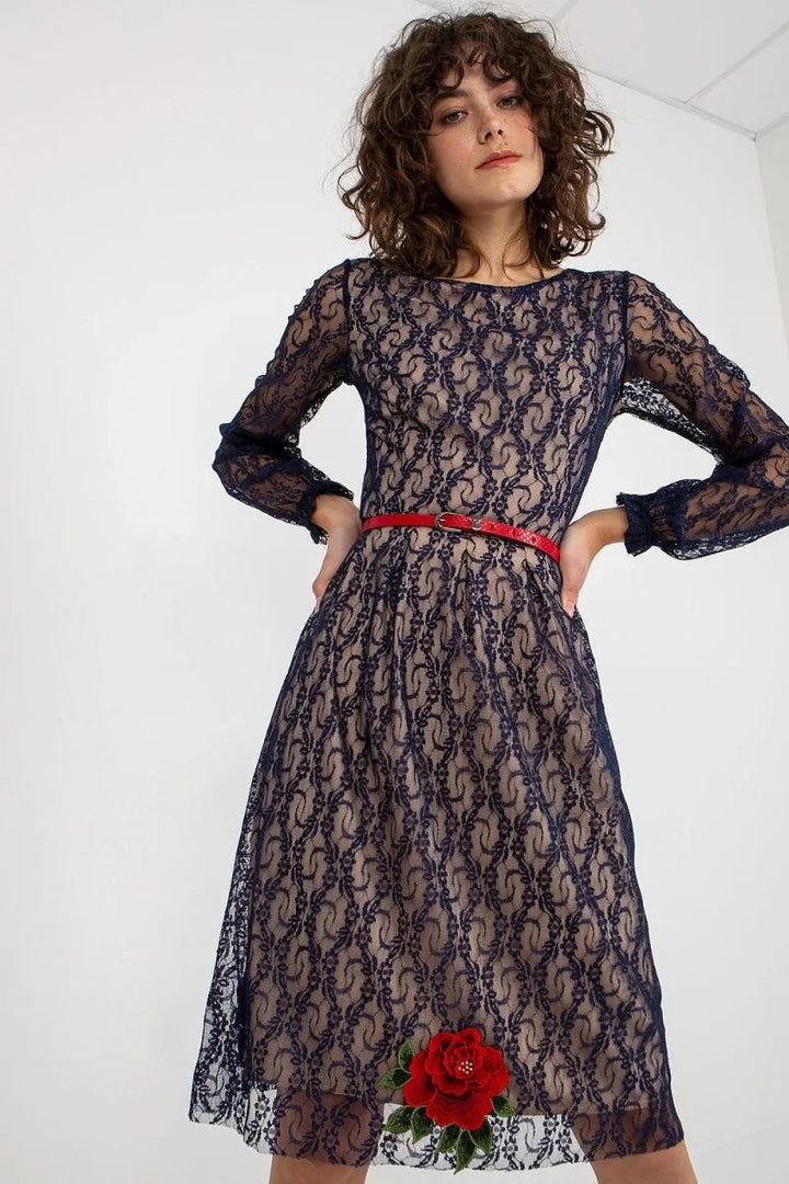 Navy blue lace evening dress with long sleeves