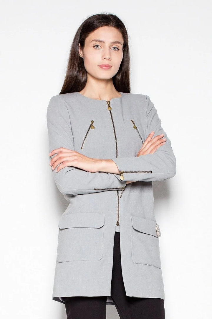 Grey straight cut coat with zipper closure