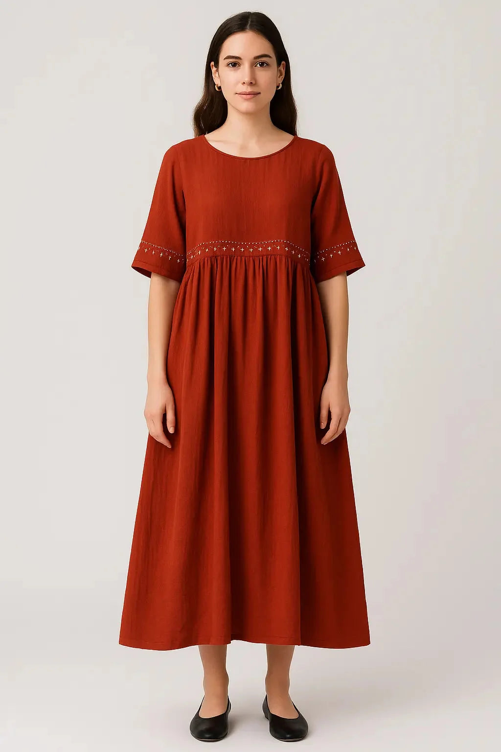 Red embroidered linen maxi dress