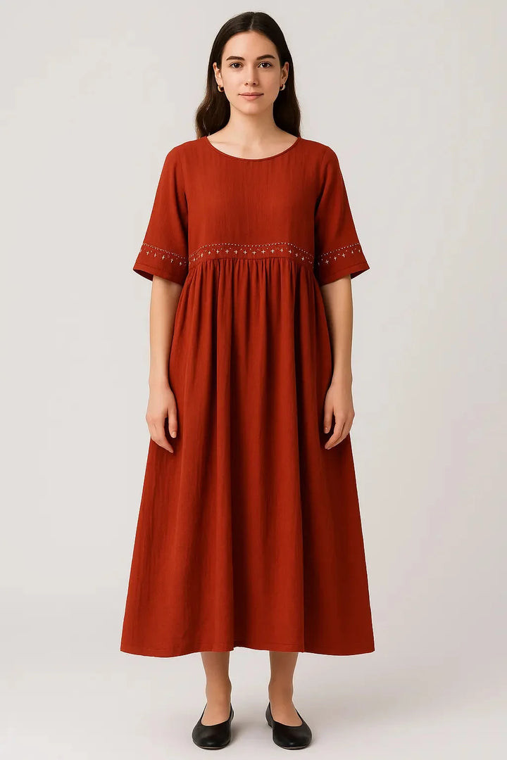 Red embroidered linen maxi dress
