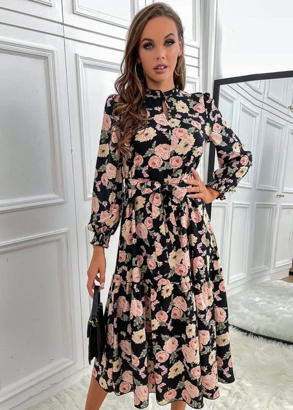 Black print long sleeve high neck dress