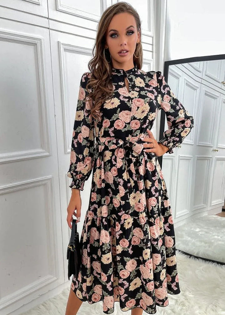 Black print long sleeve high neck dress