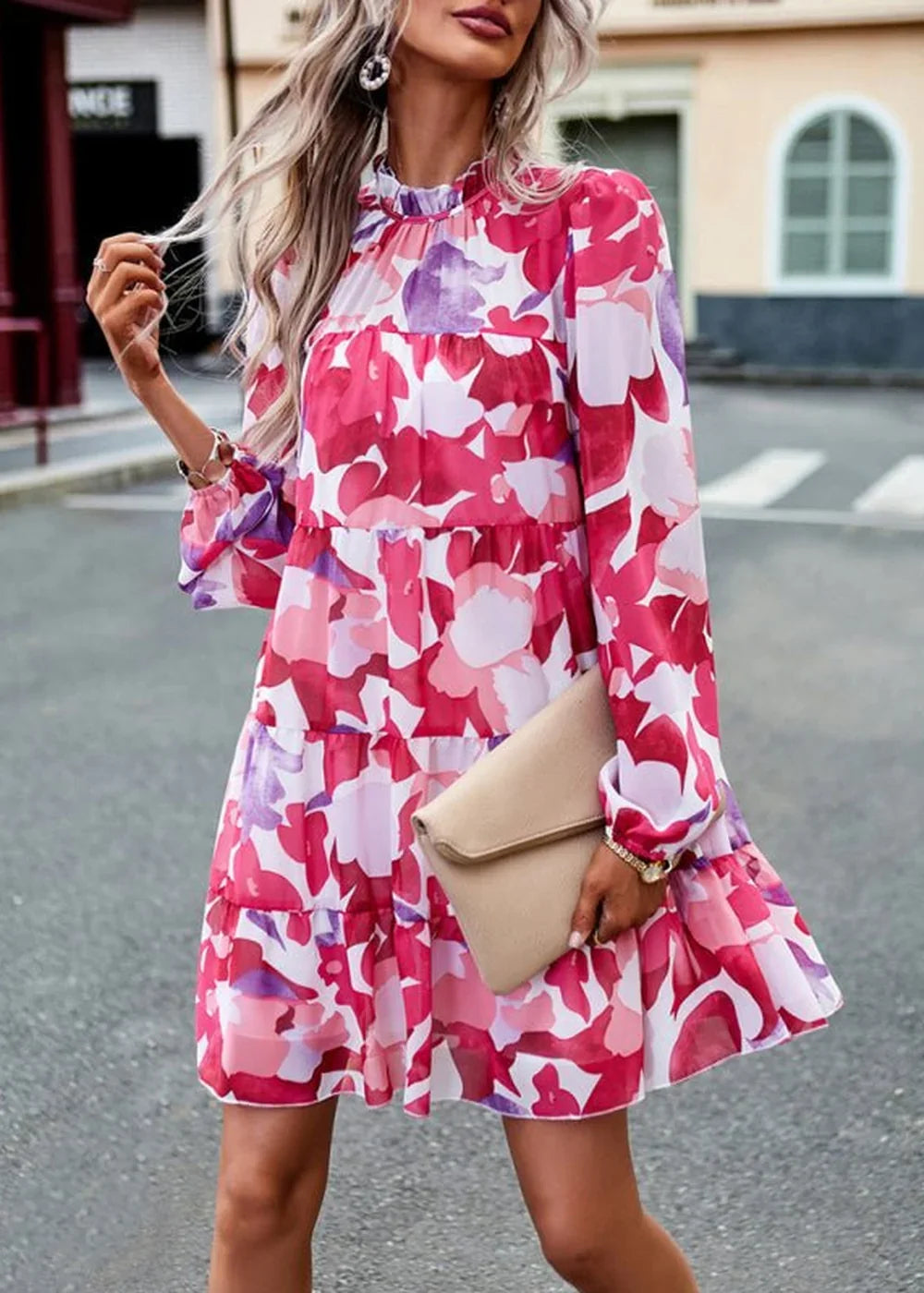 Red floral print long sleeve midi dress