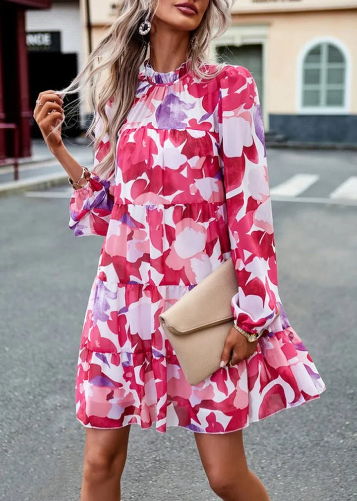 Red floral print long sleeve midi dress