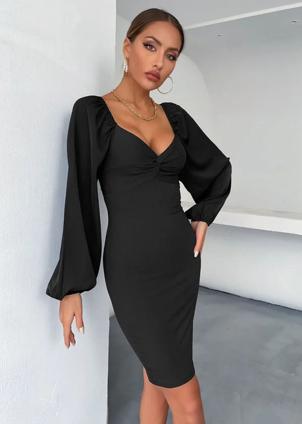 Black V-neck long sleeve package hip dress