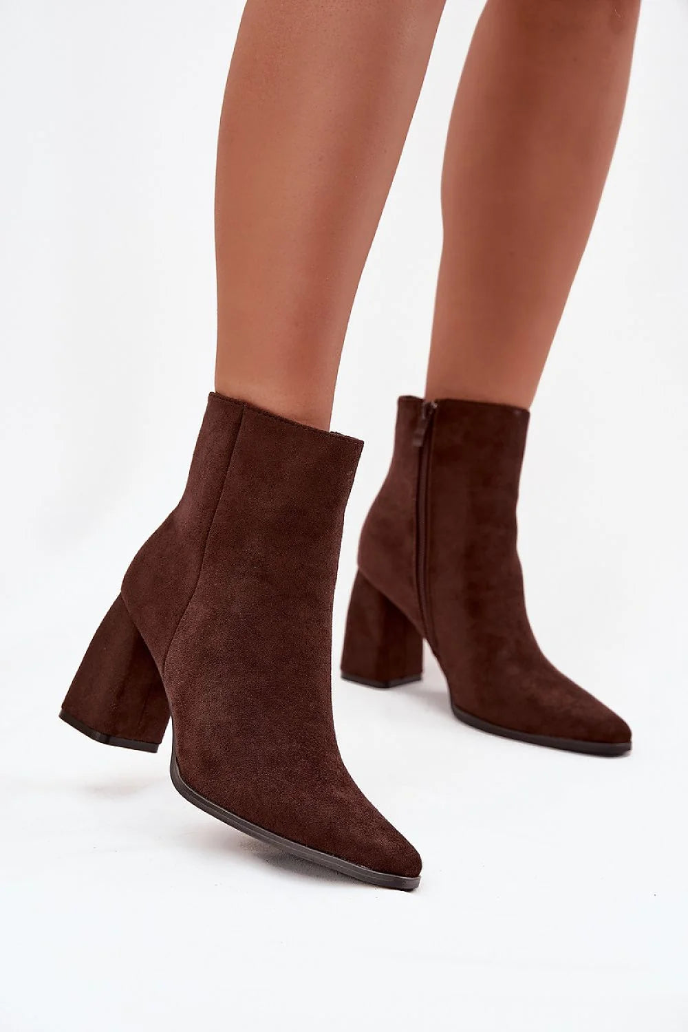 Brown eco-suede ankle boots with column heel