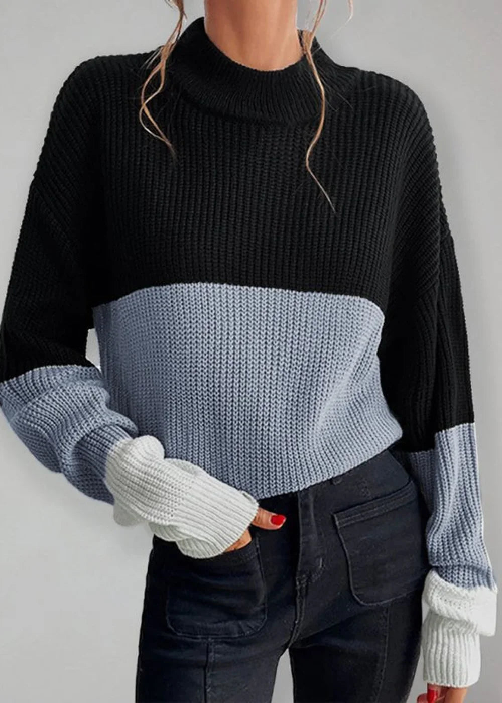Color Block Long Sleeve Turtleneck Sweater