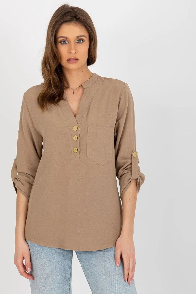 Brown heart neckline blouse with long sleeves