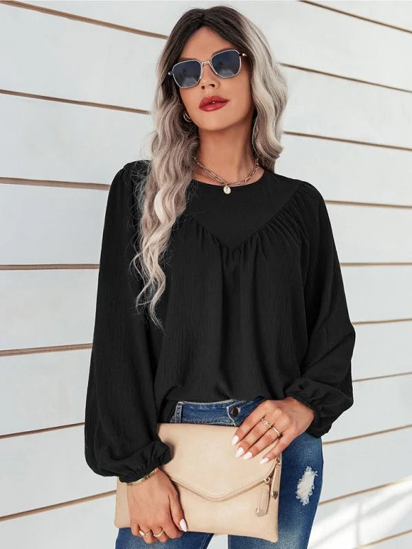 Black women's round neck long sleeve polyester shirt