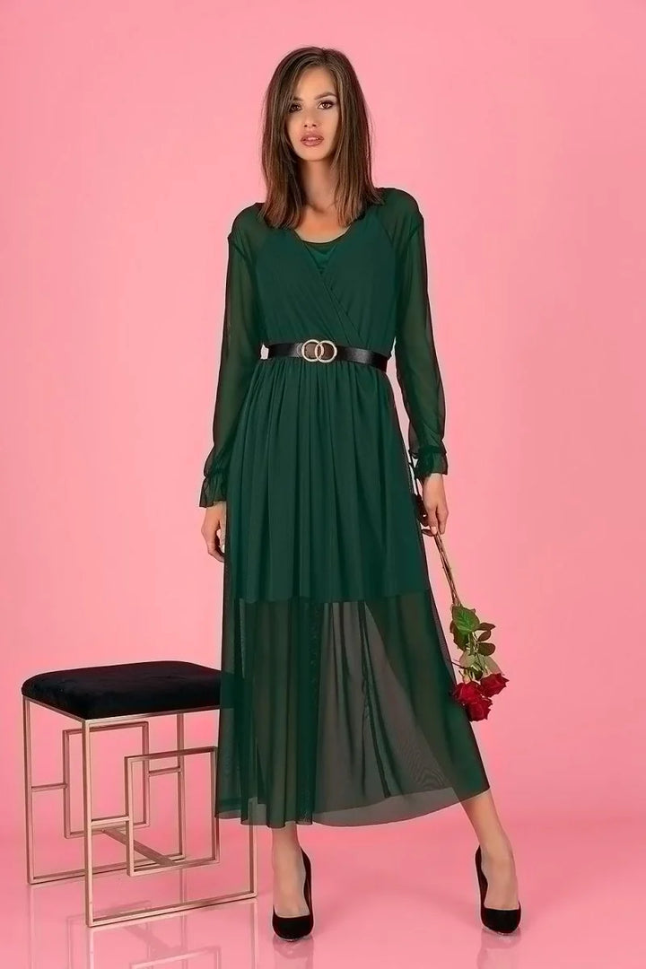 Dark green long chiffon evening dress