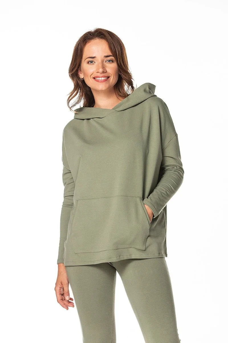 Green hooded sweatshirt with kangaroo pocket