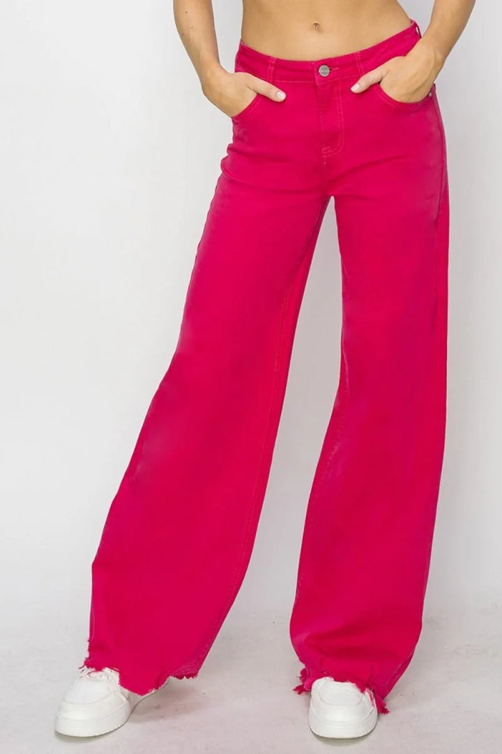 Fuchsia high rise wide leg jeans with raw hem