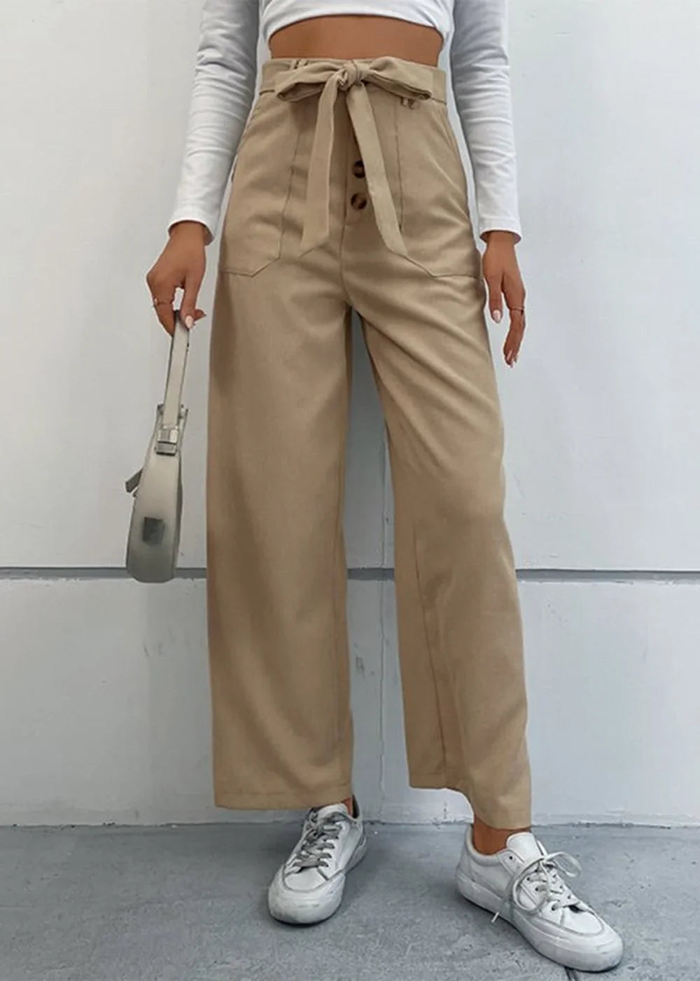 Khaki straight leg casual trousers