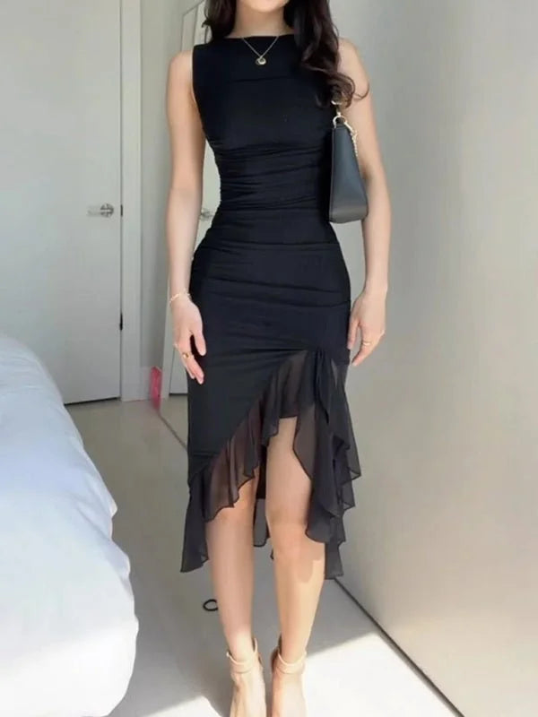Black mesh dress with irregular waist detail