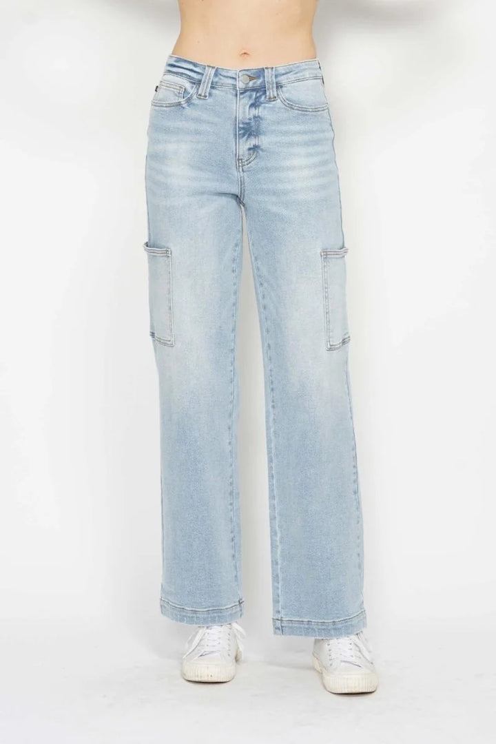 Light wash high waist straight leg cargo jeans