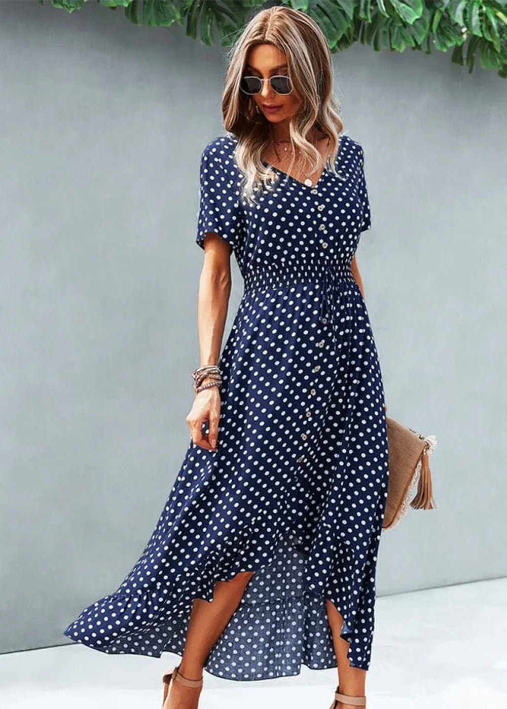 Women's polka dot midi dress with tie belt