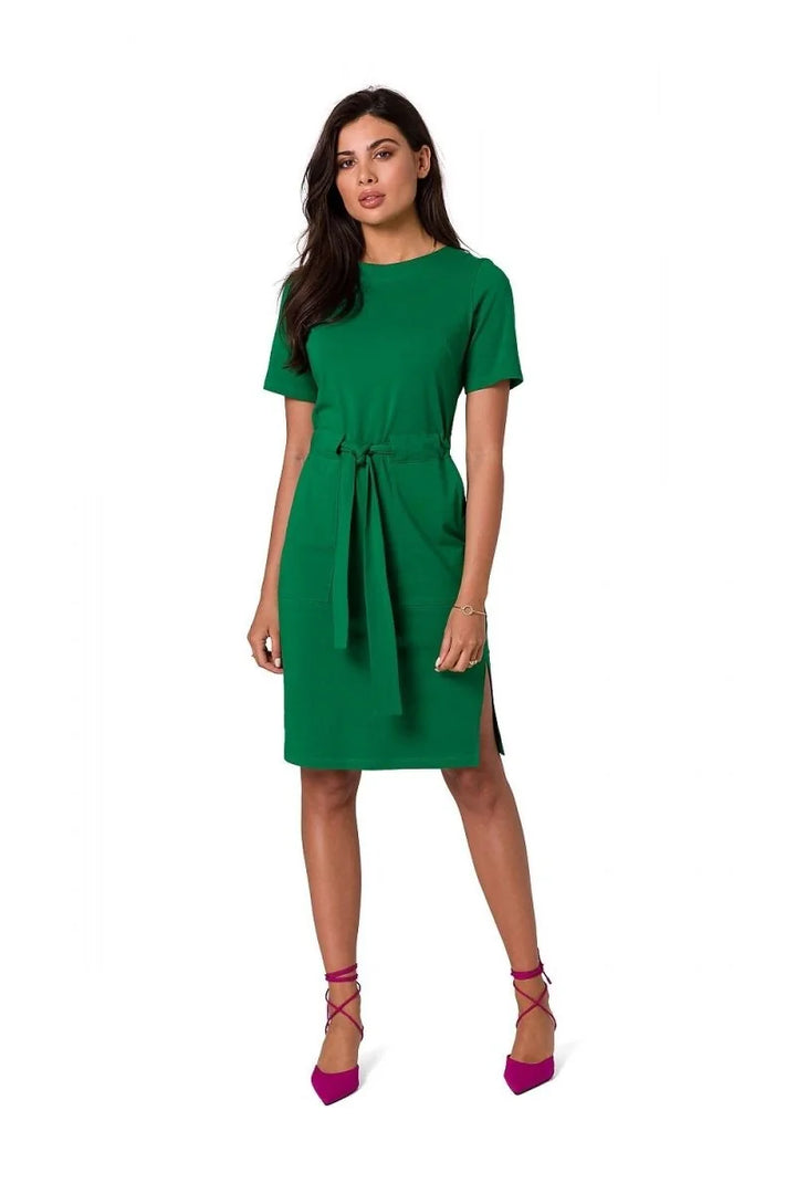 Green cotton knit day dress with belt