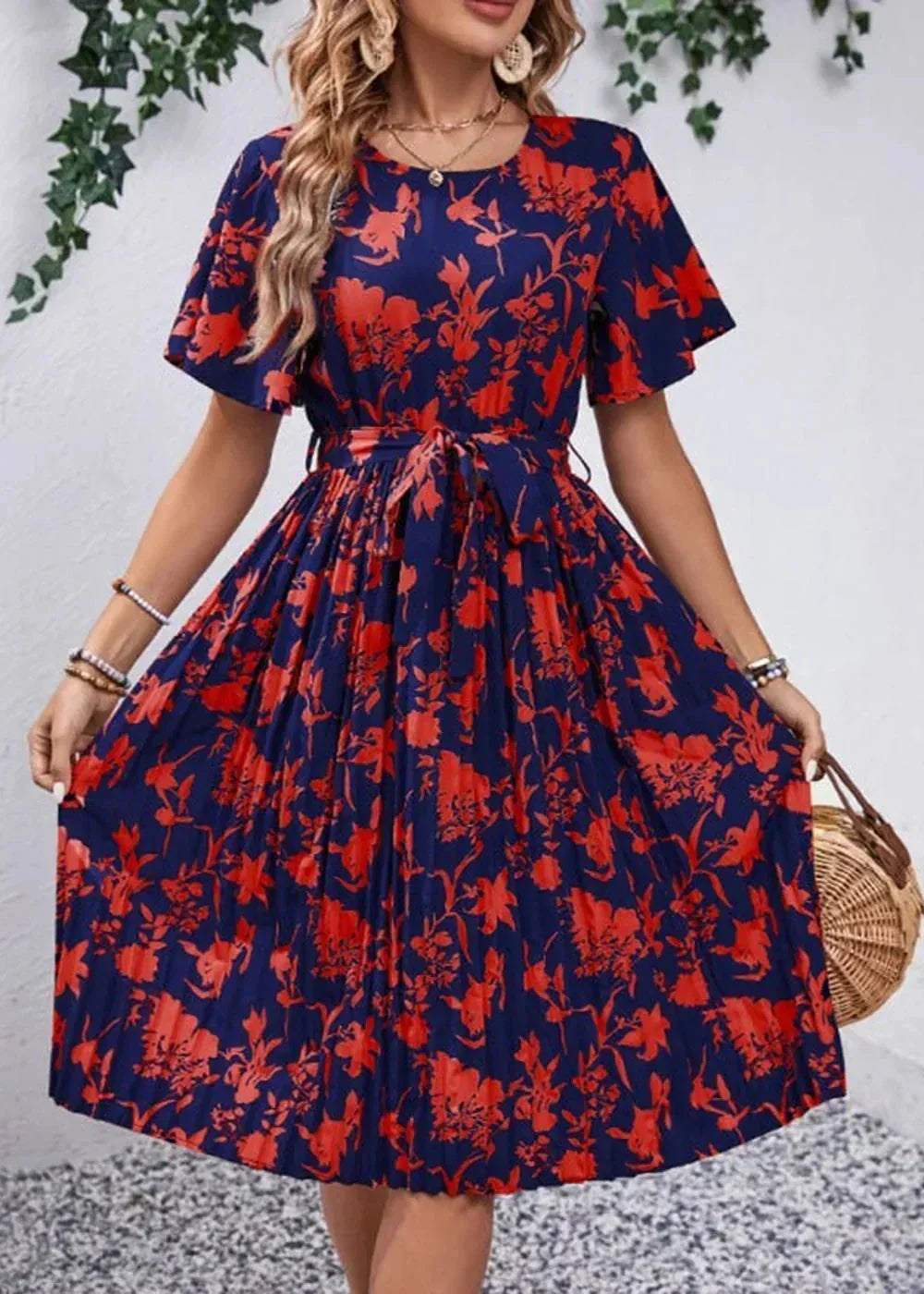 Red floral print round neck day dress
