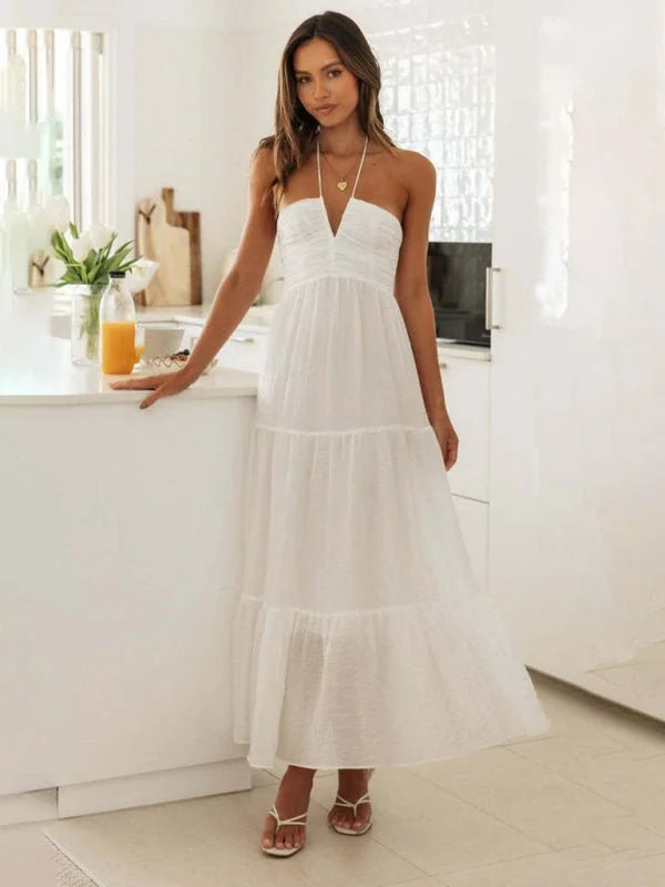 White bohemian V-neck long dress