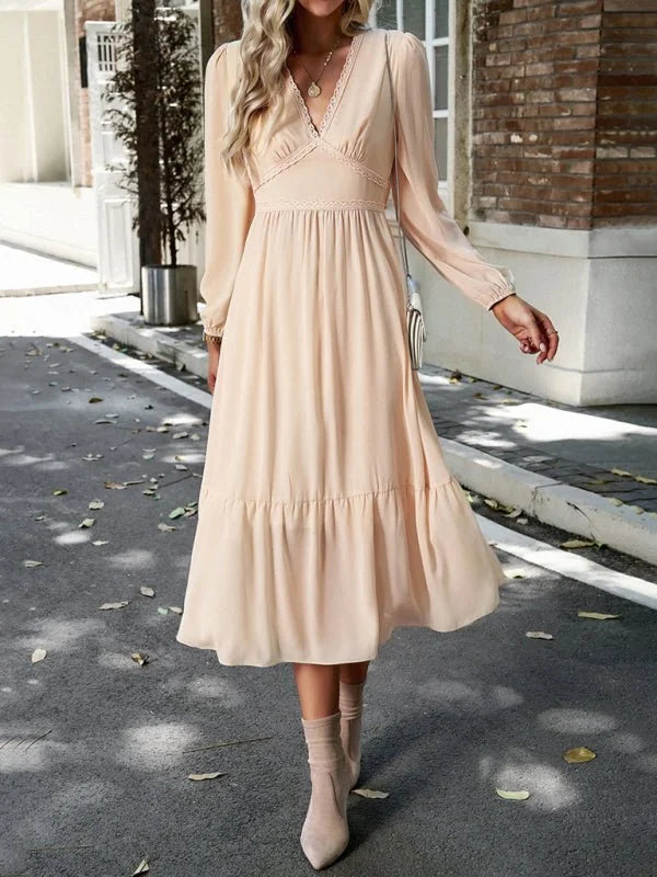 Elegant lace V-neck midi dress in khaki
