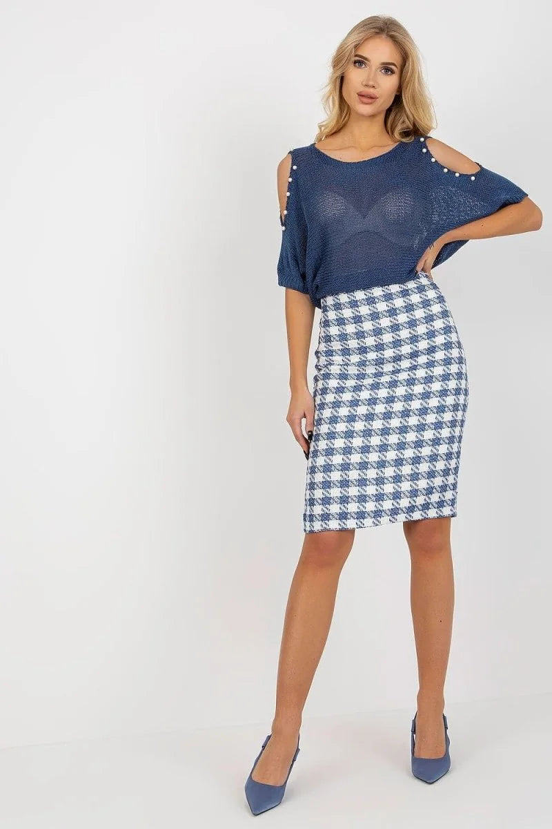 Blue and white checkered pencil skirt with a textured wool blend, on a model.