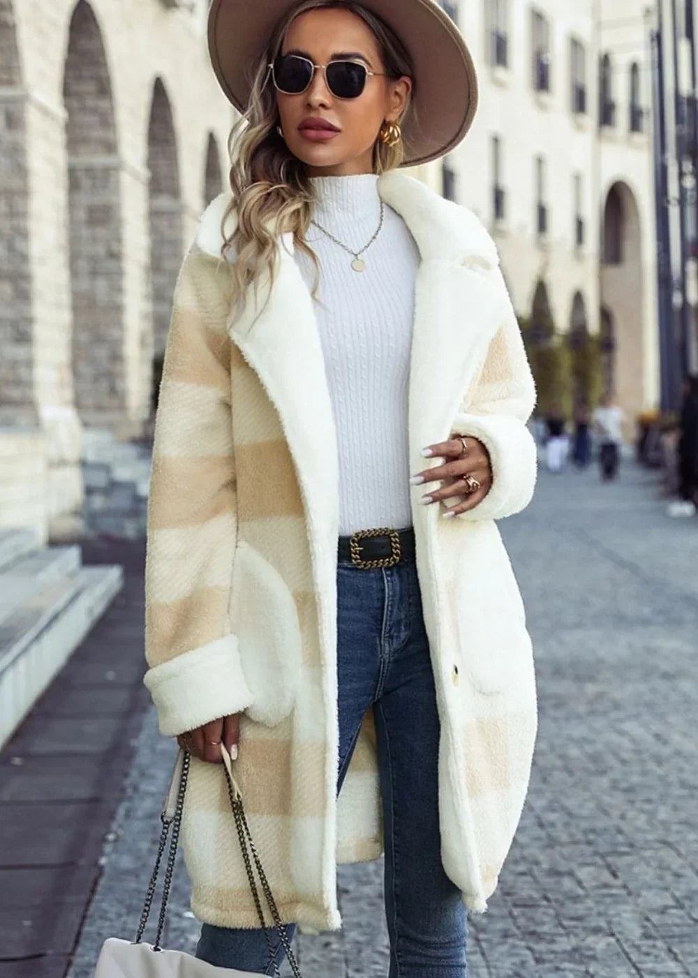 Beige plaid button down coat with pockets
