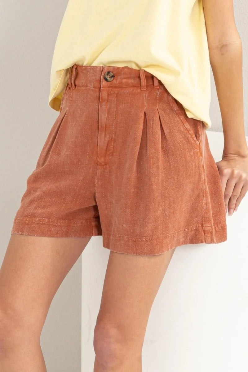 Baked Clay high waist pleated linen shorts
