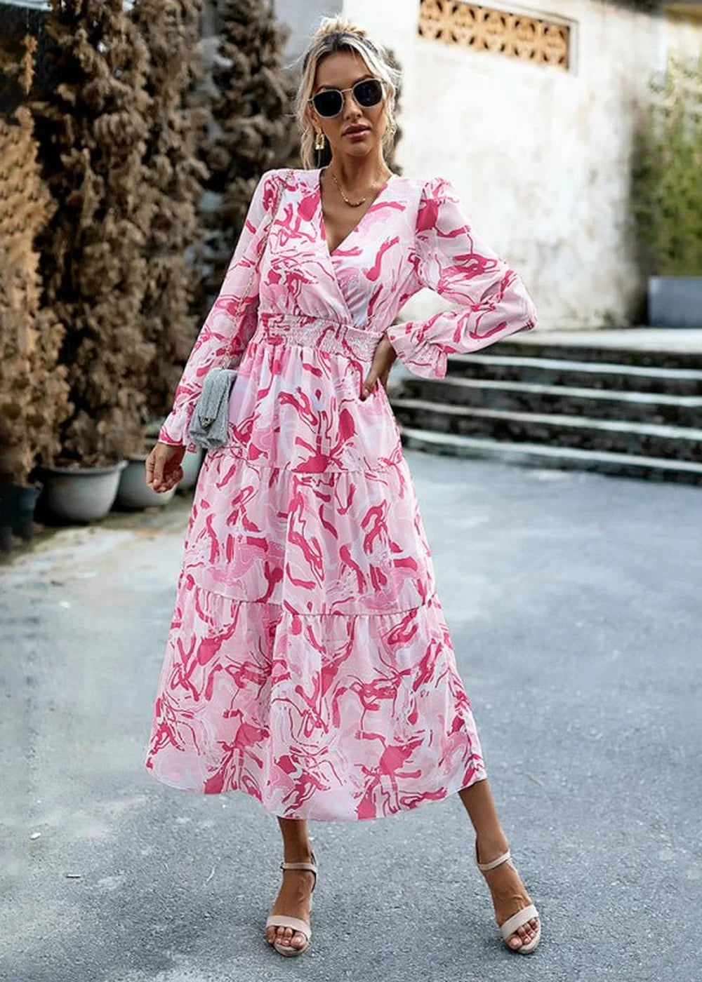 Pink printed V-neck vacation dress