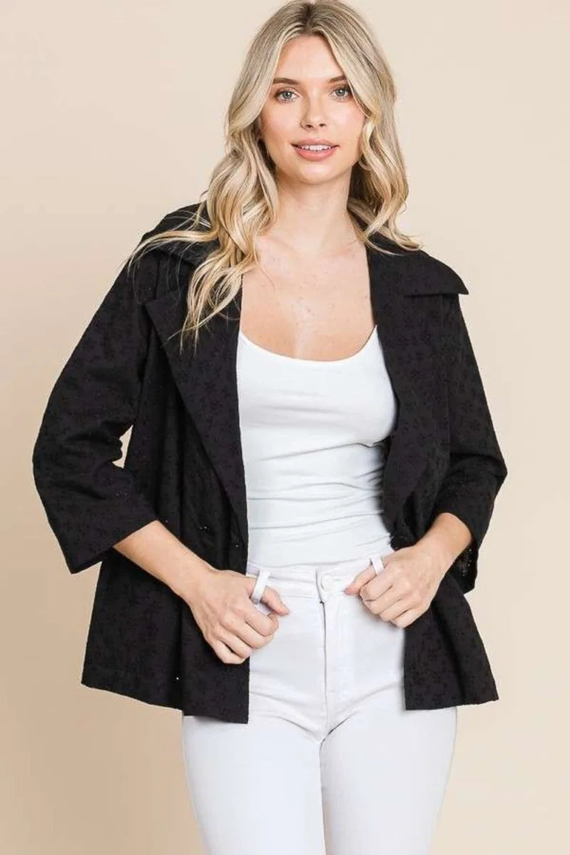 Black double-breasted cotton jacket with eyelet detail
