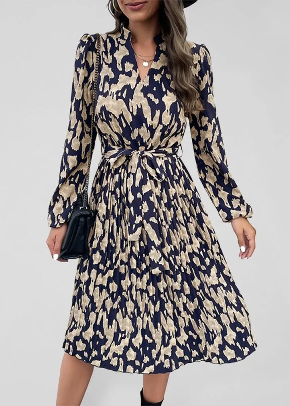 Purplish blue navy women's woven pleated print long sleeve dress
