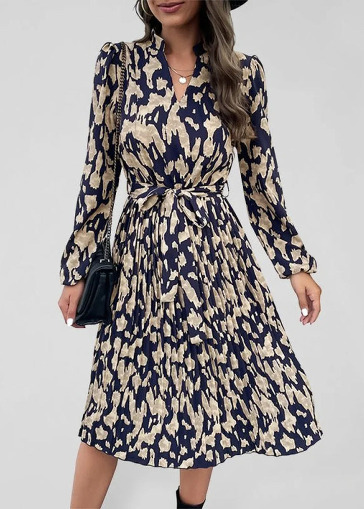 Purplish blue navy women's woven pleated print long sleeve dress