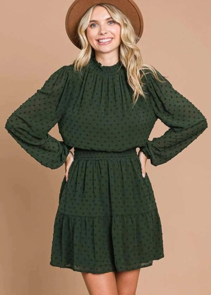 Olive green swiss dot smock mini dress with pockets