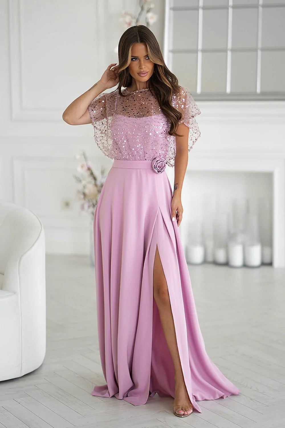 Pink long dress with sequin bolero