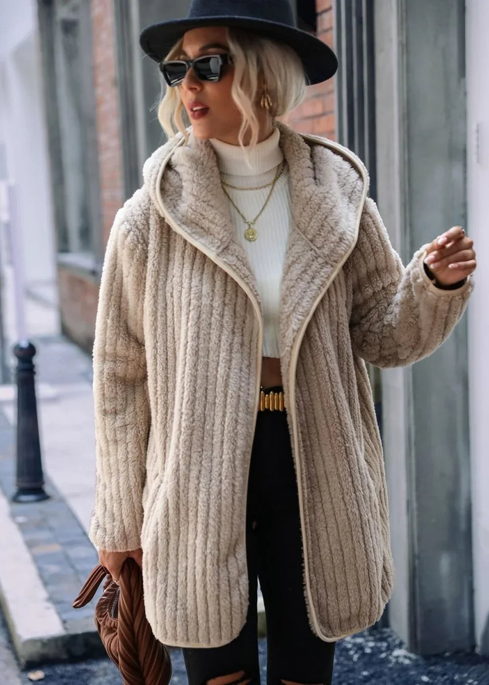 Sand open front hooded coat