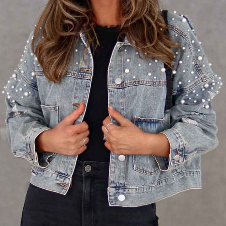 Light wash denim jacket with bead details
