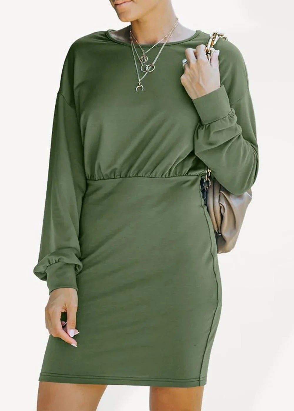 Green knitted round neck slim hip skirt